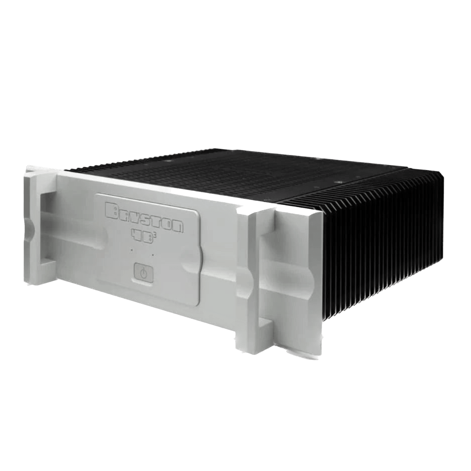 Bryston 4B Cubed Dual-Mono Amplifier with 19 inch faceplate in silver and angled to the left