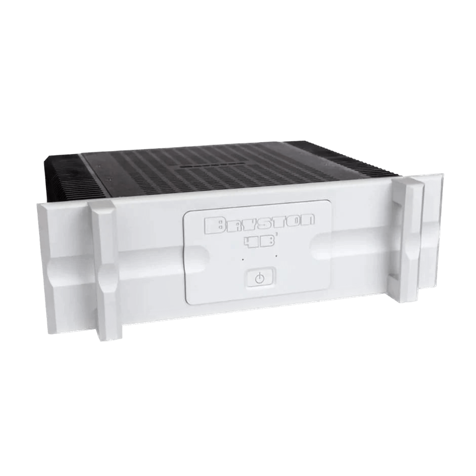 Bryston 4B Cubed Dual-Mono Amplifier with 19 inch faceplate in silver and angled to the right