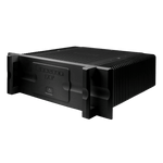 Bryston 7B Cubed Mono Amplifier sold as a pair, in black.  Angled; this image has the 19" faceplate with handles attached