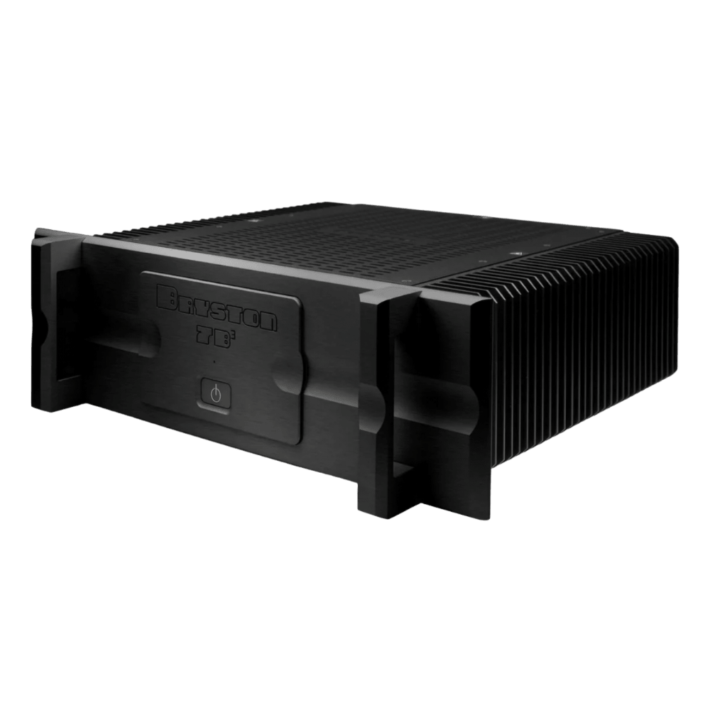 Bryston 7B Cubed Mono Amplifier sold as a pair, in black.  Angled; this image has the 19" faceplate with handles attached