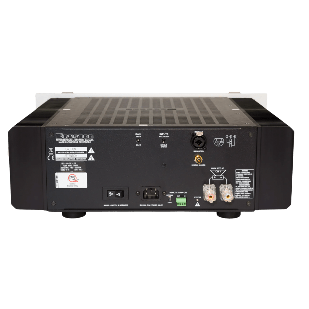 Bryston 7B Cubed Mono Amplifier sold as a pair, in Silver.  Rear of unit