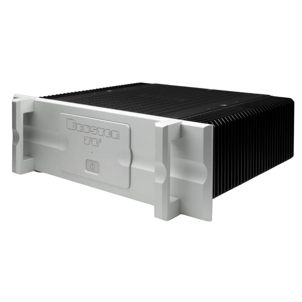 Bryston 7B Cubed Mono Amplifier sold as a pair, in Silver.  This image has the 19" faceplate with handles attached