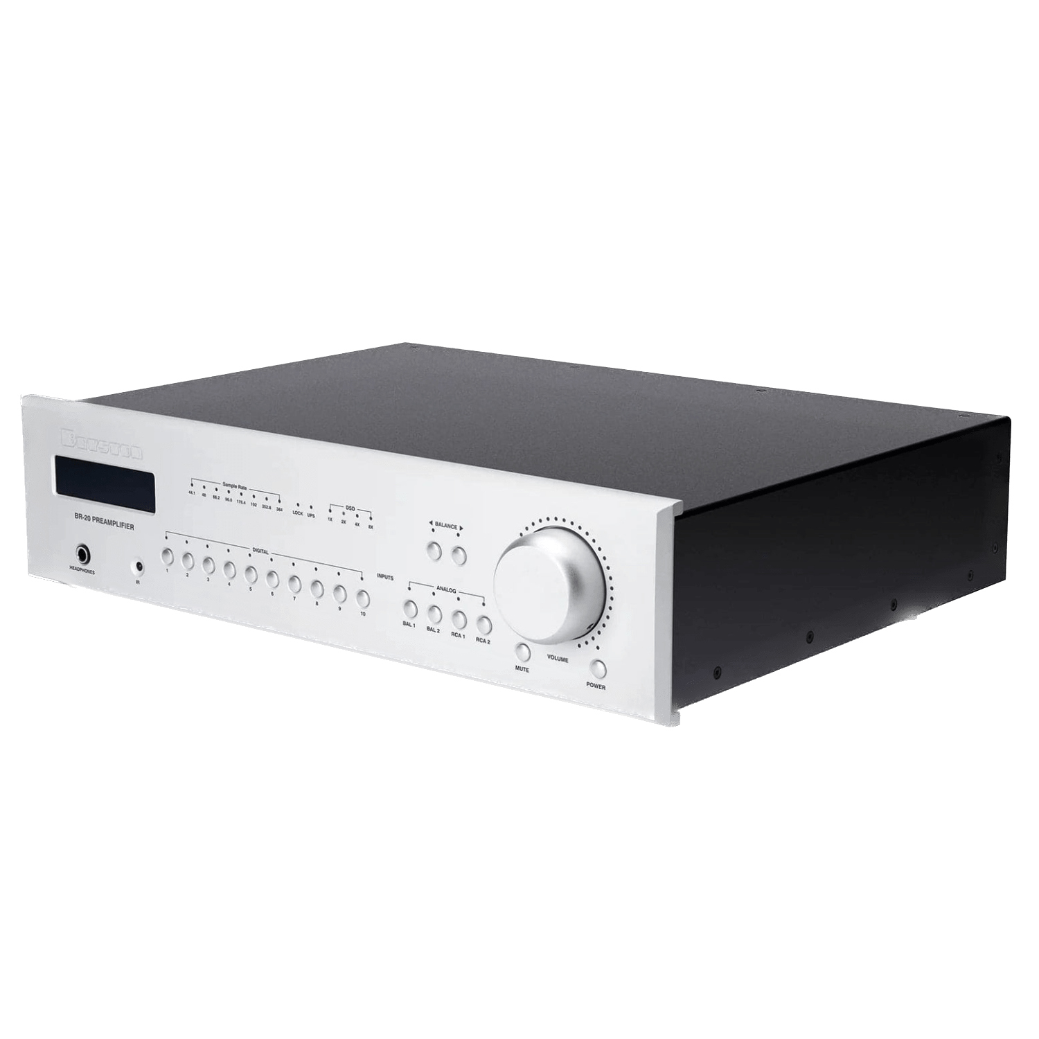 Bryston BR-20 Preamplifier with DAC and Streamer in Silver, angled image