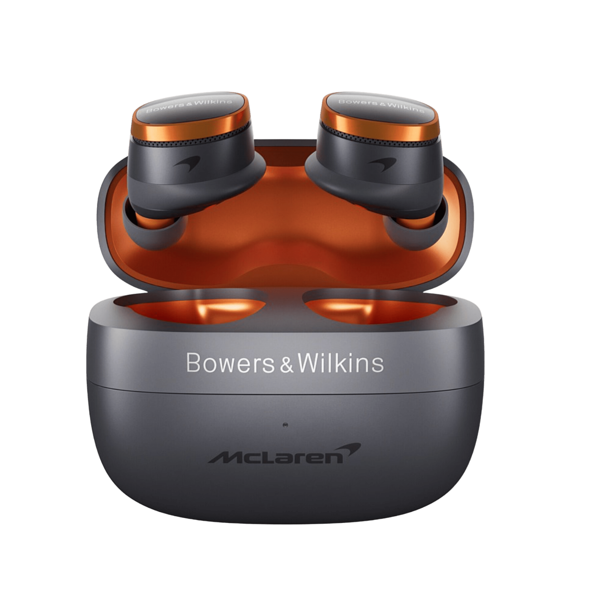 B&W Pi8 Wireless Earbuds McLaren Edition, popped up out of their case