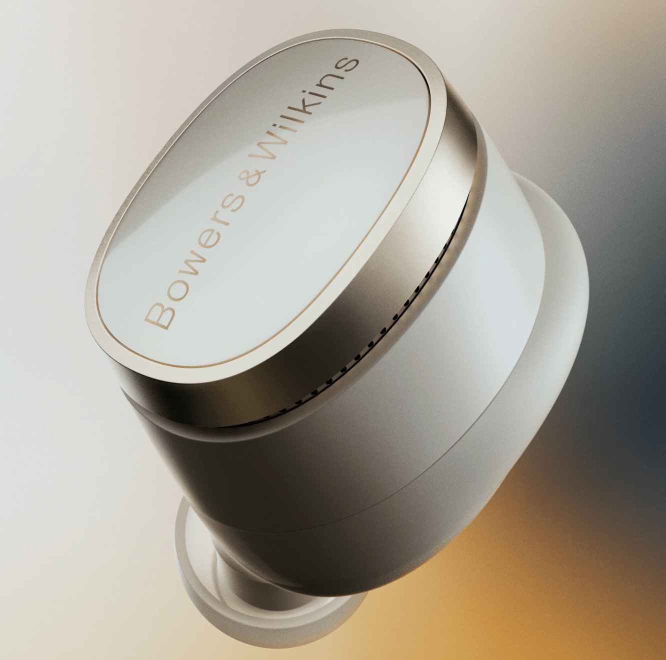 B&W Pi8 Wireless Earbuds in Dove White, close up, detailed 