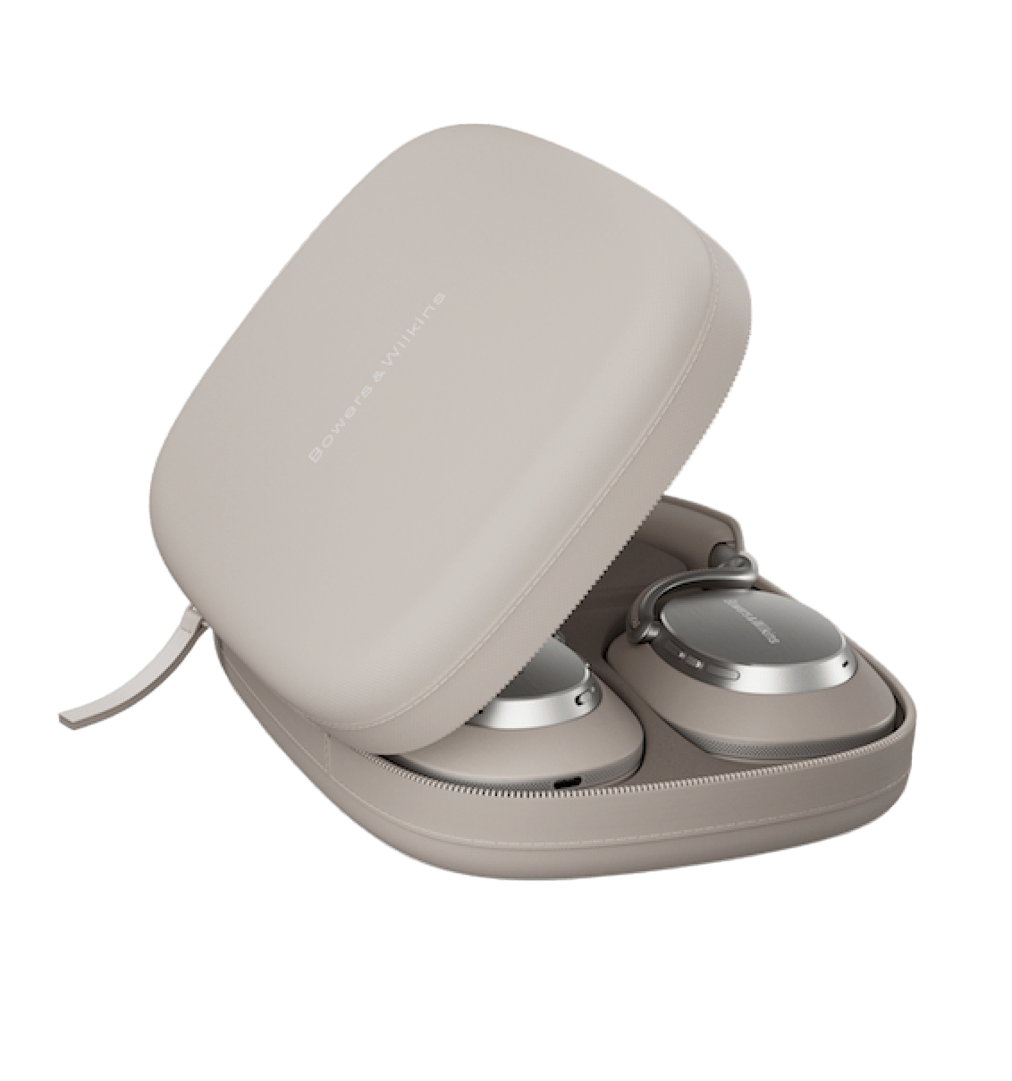 Bowers and Wilkins Px8 S2 Noise Cancelling Headphones in Warm Stone in their carry case