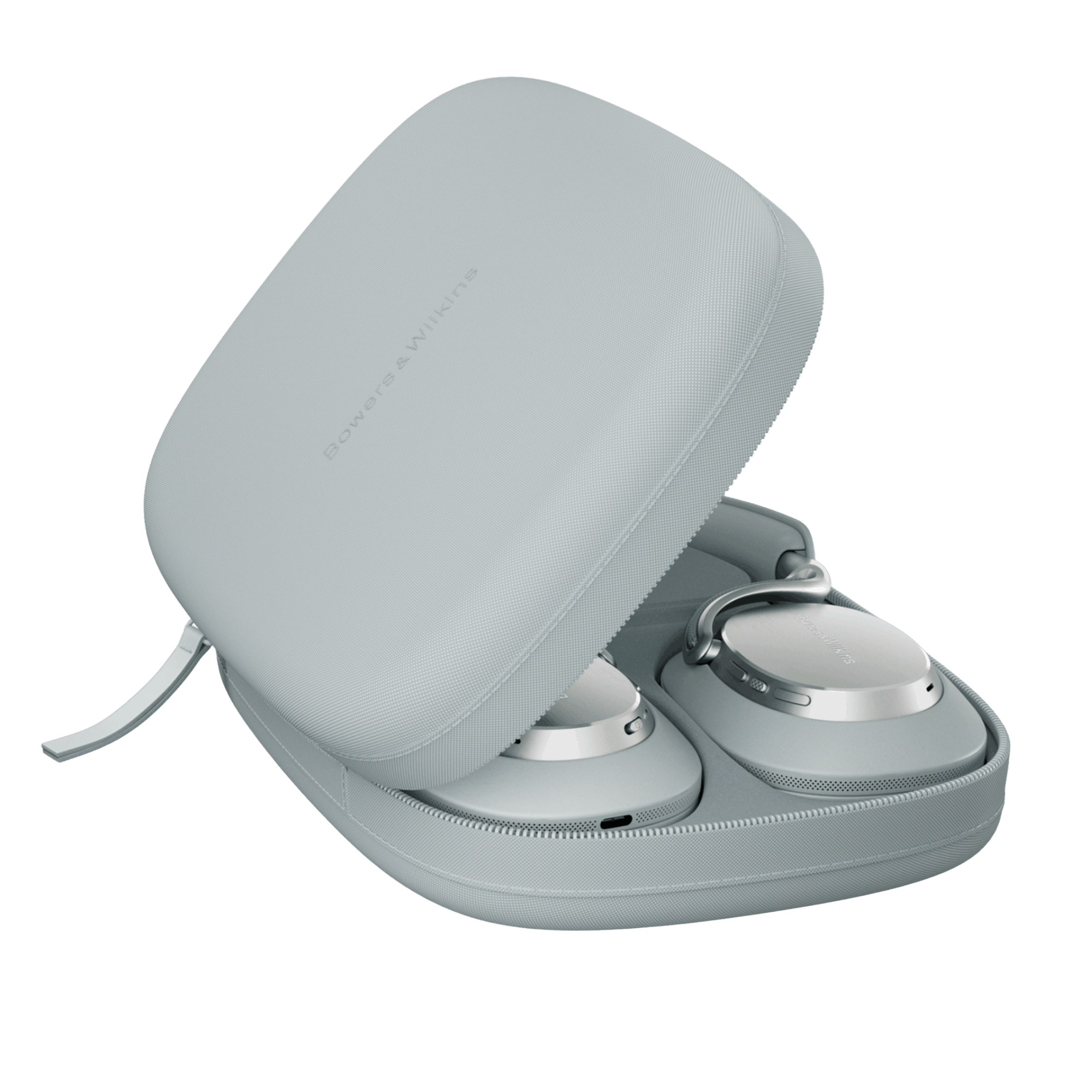 Bowers and Wilkins Px8 S2 Noise Cancelling Headphones in Blue Pearl in their carry case