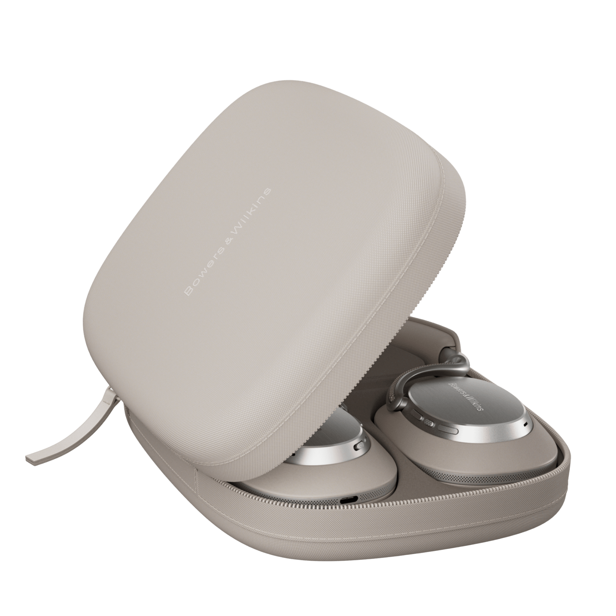 Bowers and Wilkins Px8 S2 Noise Cancelling Headphones in Warm Stone, in their case