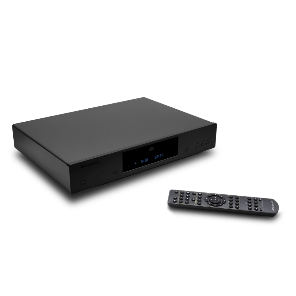 Cambridge Audio CXC CD Transport V2  Black Edition, angled image with remote control