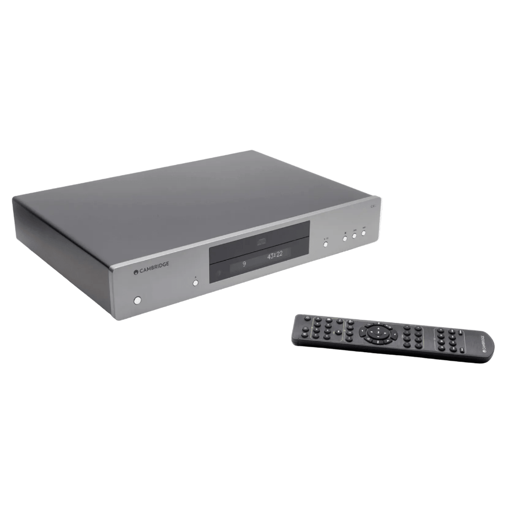 Cambridge Audio CXC CD Transport V2 in Luna Grey, angled image with remote control