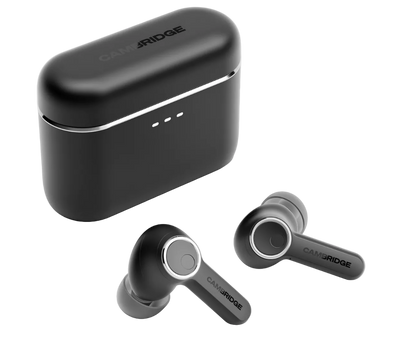 Cambridge Audio Melomania A100 True Wireless Headphones with ANC in Black, next to their case