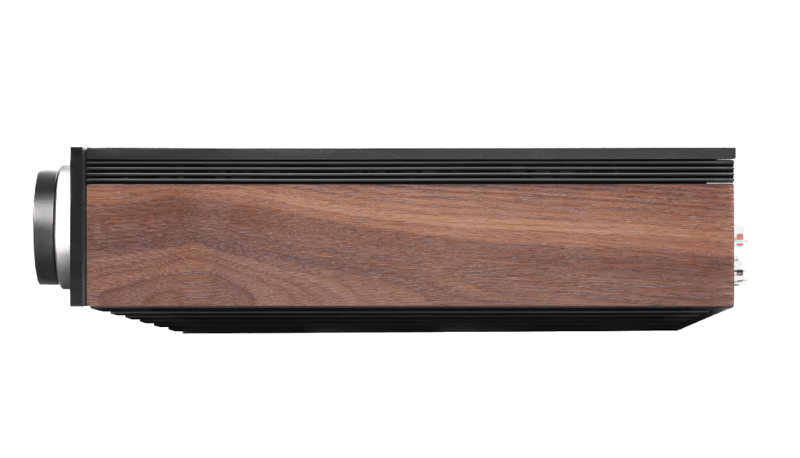 Cambridge Audio EVO 150 SE Streaming Amplifier, profile with woodgrain side panel