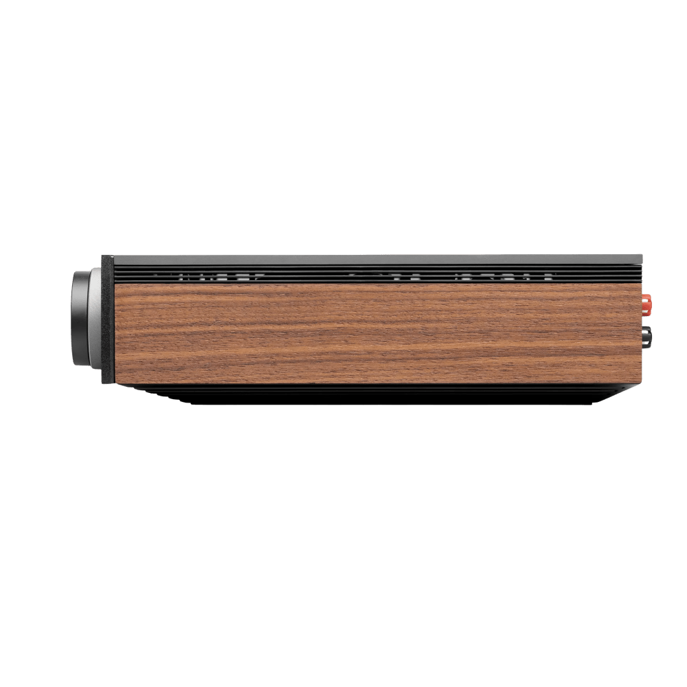 Cambridge Audio EVO 300 Streaming Amplifier, profile with wood style side plate