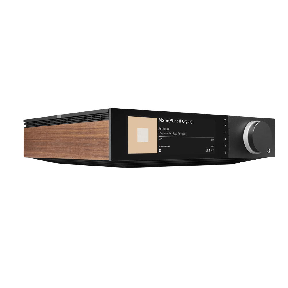 Cambridge Audio EVO 300 Streaming Amplifier, angled view with wood side plate