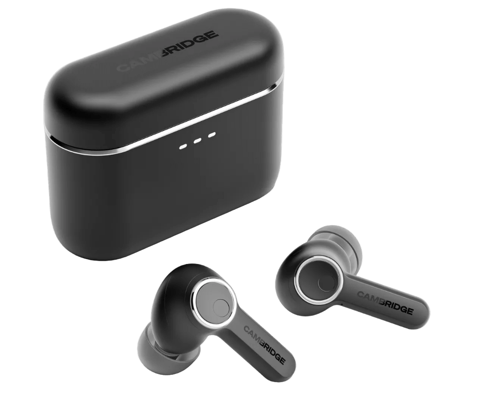 Cambridge Audio Melomania A100 True Wireless Headphones with ANC in Black, next to their case
