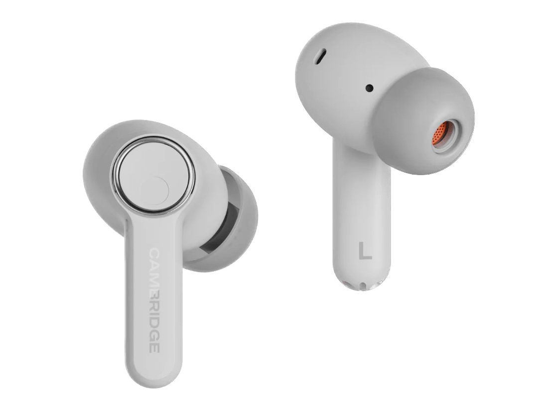 Cambridge Audio Melomania A100 True Wireless Headphones with ANC in White, left and right