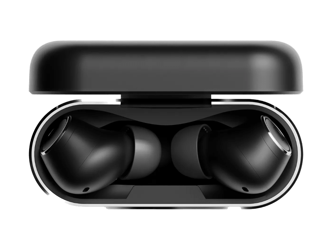 Cambridge Audio Melomania A100 True Wireless Headphones with ANC in Black, in their case