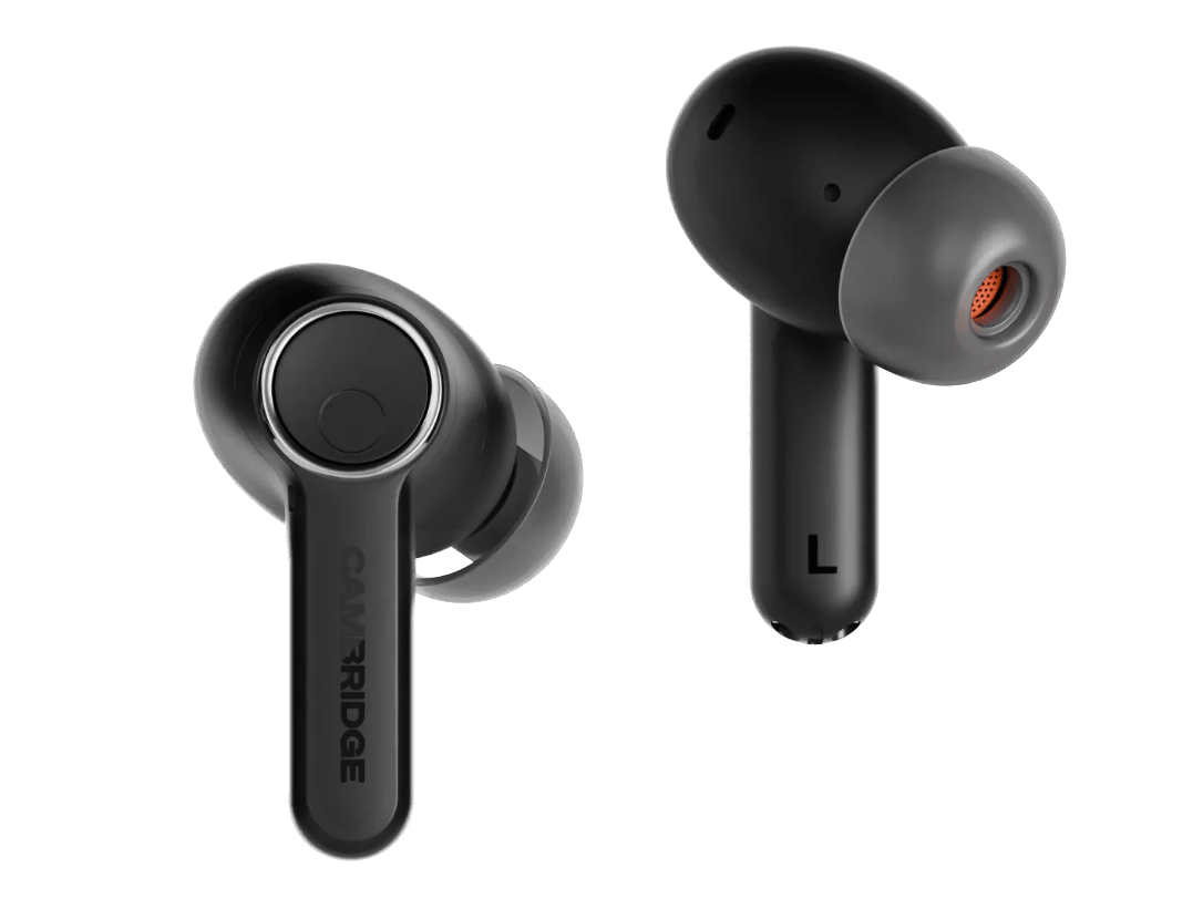 Cambridge Audio Melomania A100 True Wireless Headphones with ANC in Black, left and right