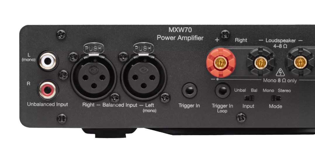 Cambridge Audio MXW70 Compact Power Amplifier, closeup of speaker outputs and stereo RCA inputs
