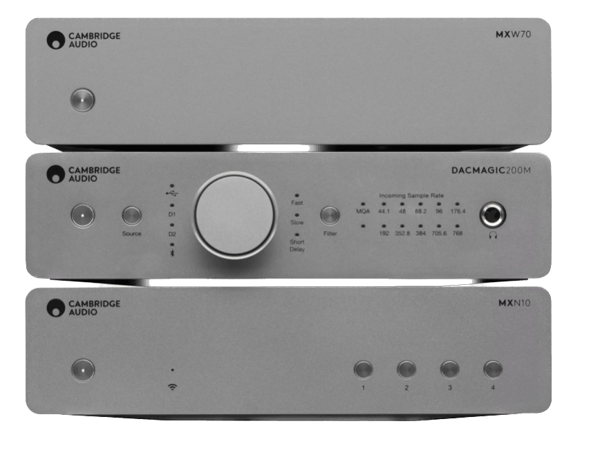 Cambridge Audio MXW70 Compact Power Amplifier Combo.  Shown with the MXN10 Music Streamer and the DacMagic 200M DAC