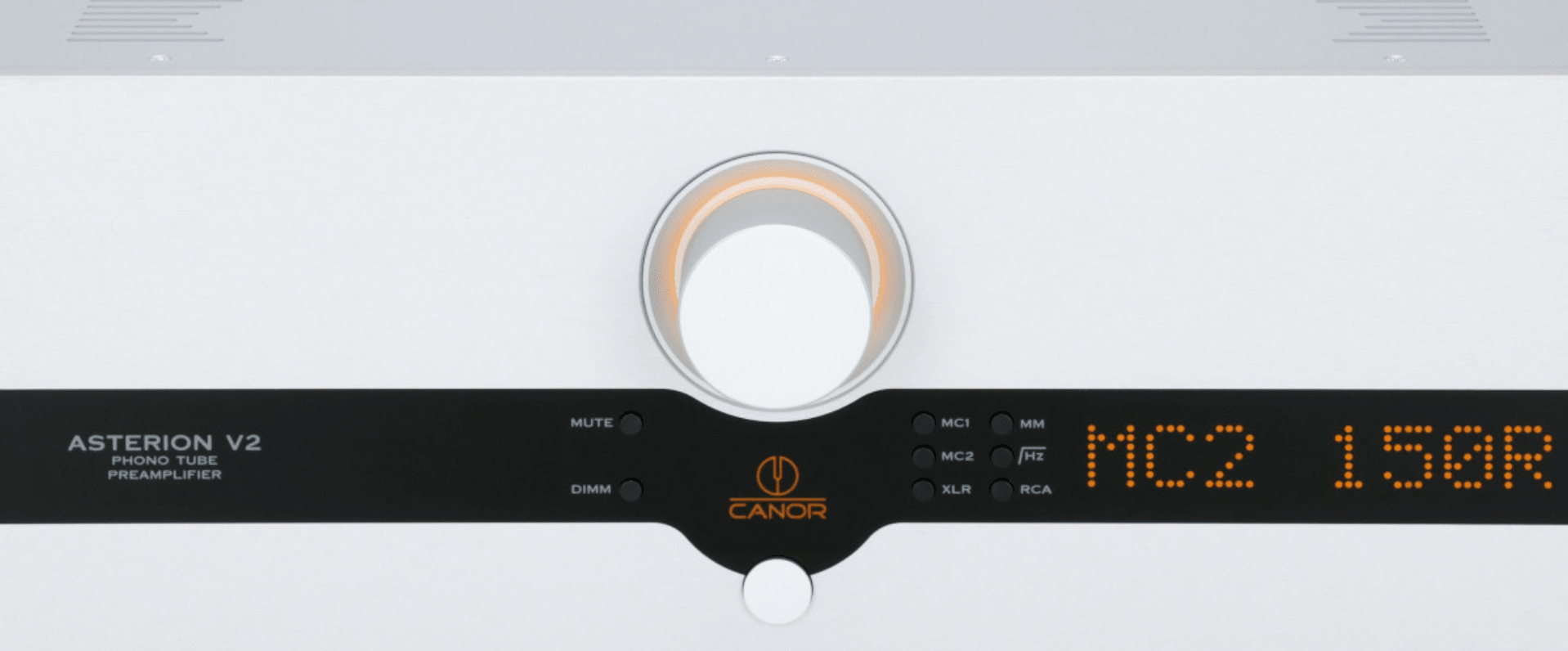Canor Asterion V2 Tube Phono Preamplifier in white.  Front image