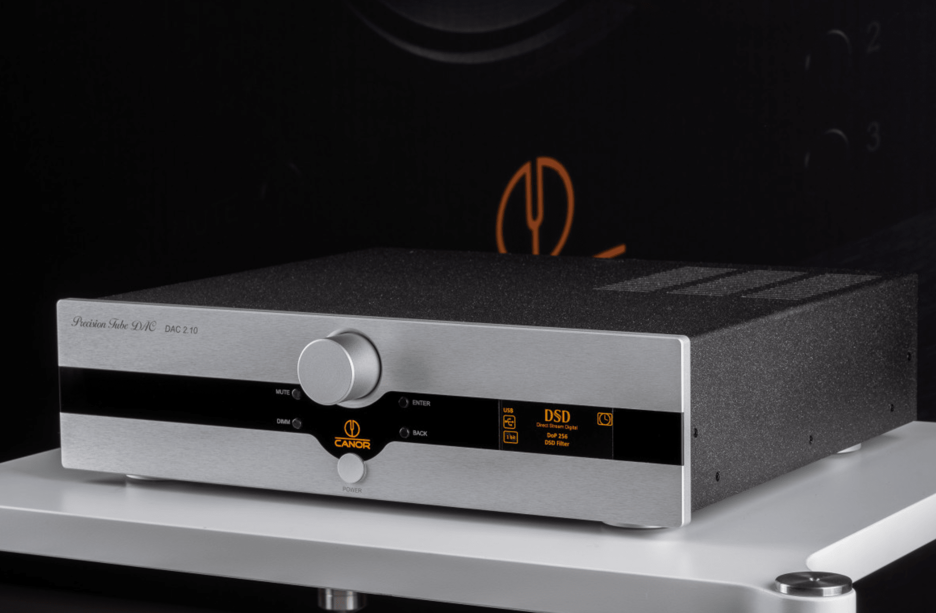 Canor DAC 2.10 Tube Based D/A Converter in silver on an angle