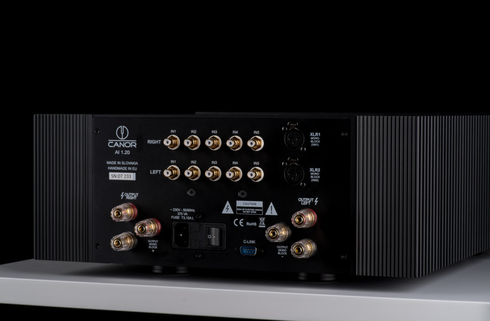 Canor AI 1.20 Integrated Solid-State Amplifier, back of unit shows mono block option