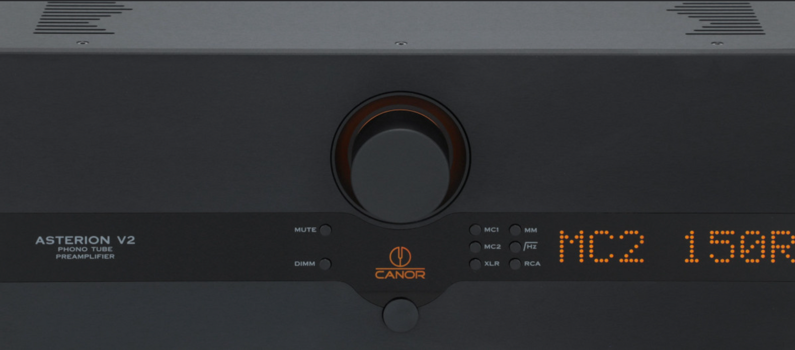 Canor Asterion V2 Tube Phono Preamplifier in black.  Front image