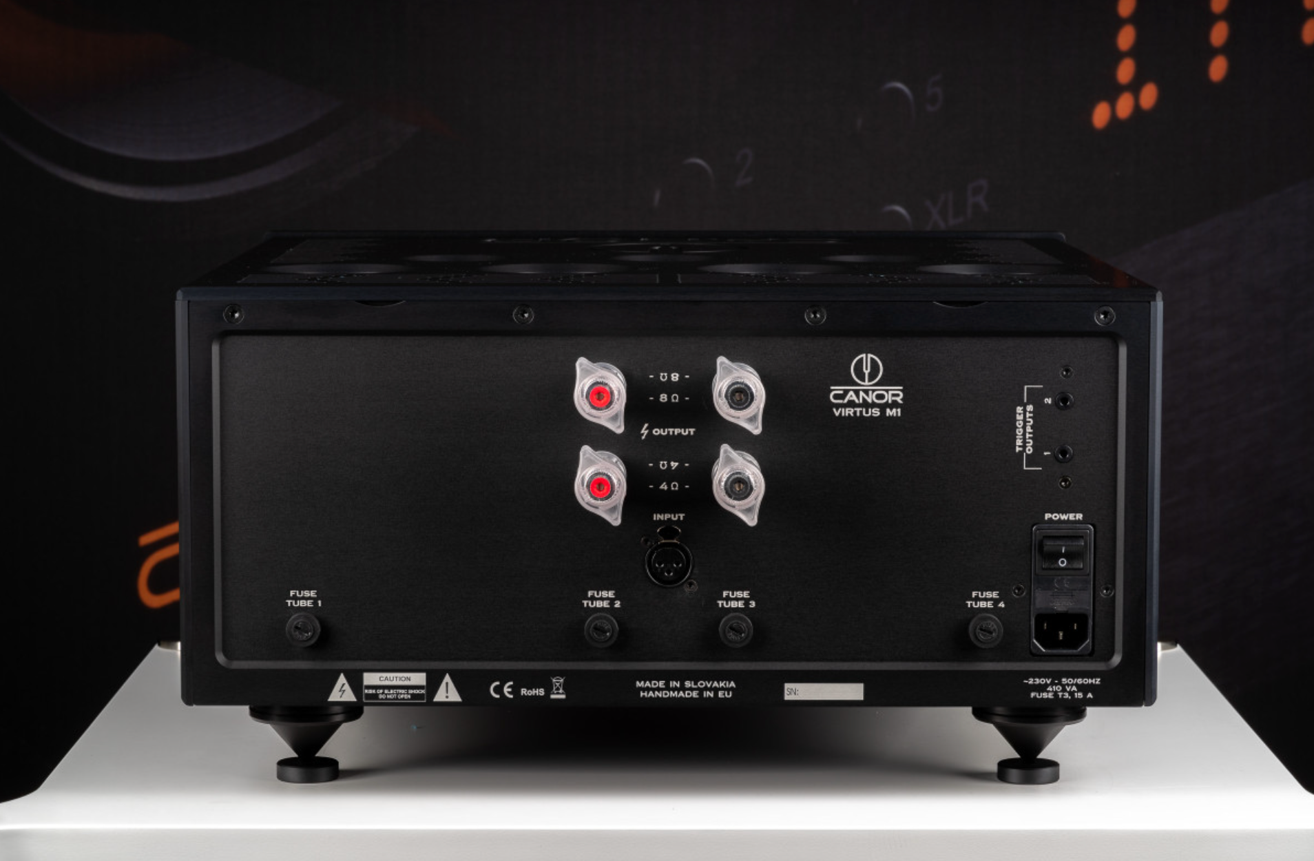 Canor Virtus M1 Vacuum Tube Power Amplifier in Black.  front of unit