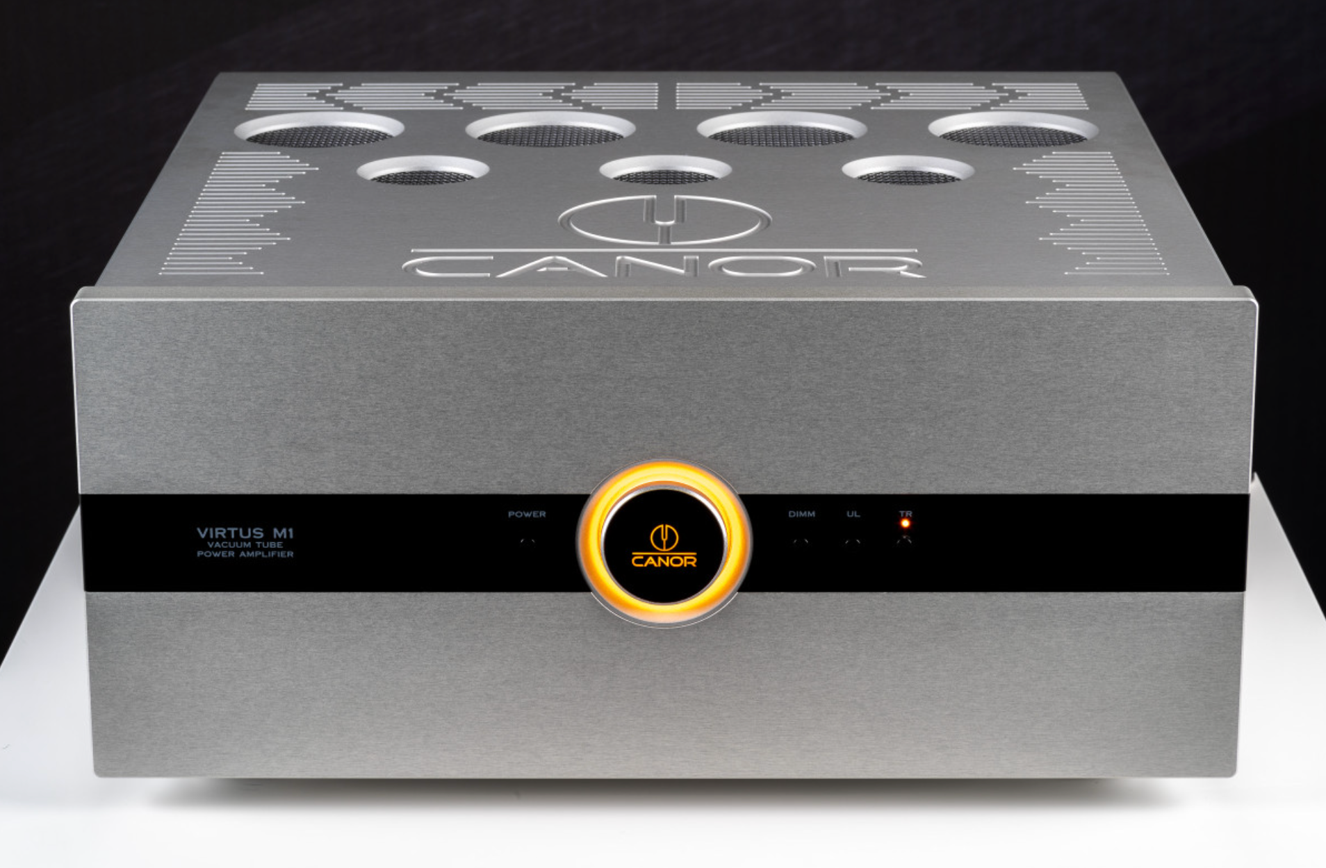 Canor Virtus M1 Vacuum Tube Power Amplifier in Silver. Front and top Image