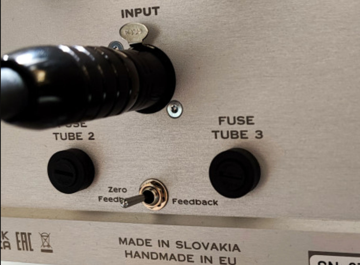 Canor Virtus M1 Vacuum Tube Power Amplifier.  Closeup of feedback switch