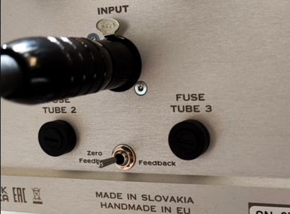 Canor Virtus M1 Vacuum Tube Power Amplifier.  Closeup of feedback switch