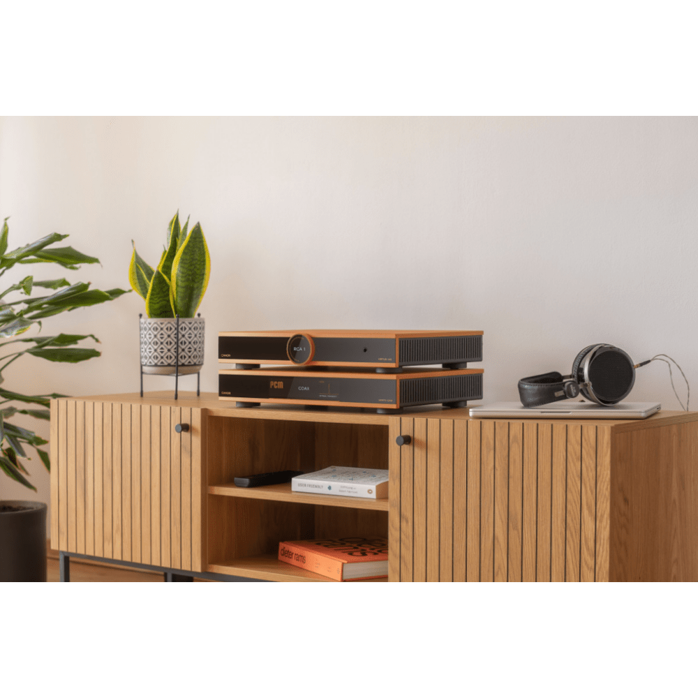 Canor Verto D4S Solid-State DAC in Bronze, in room setup shown with Vertus 14S Solid State Integrated Amplifier, also in Bronze