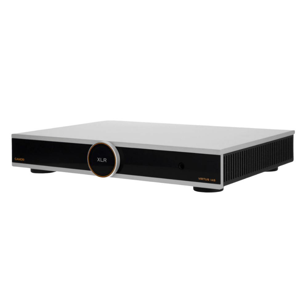 Canor Virtus 14S Integrated Solid-State Amplifier in silver, angled