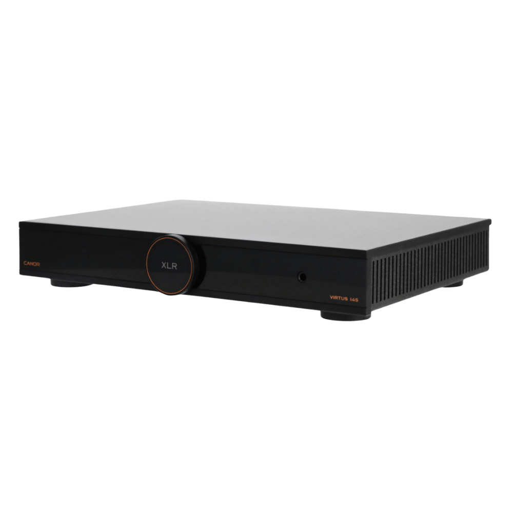 Canor Virtus 14S Integrated Solid-State Amplifier in black, angled