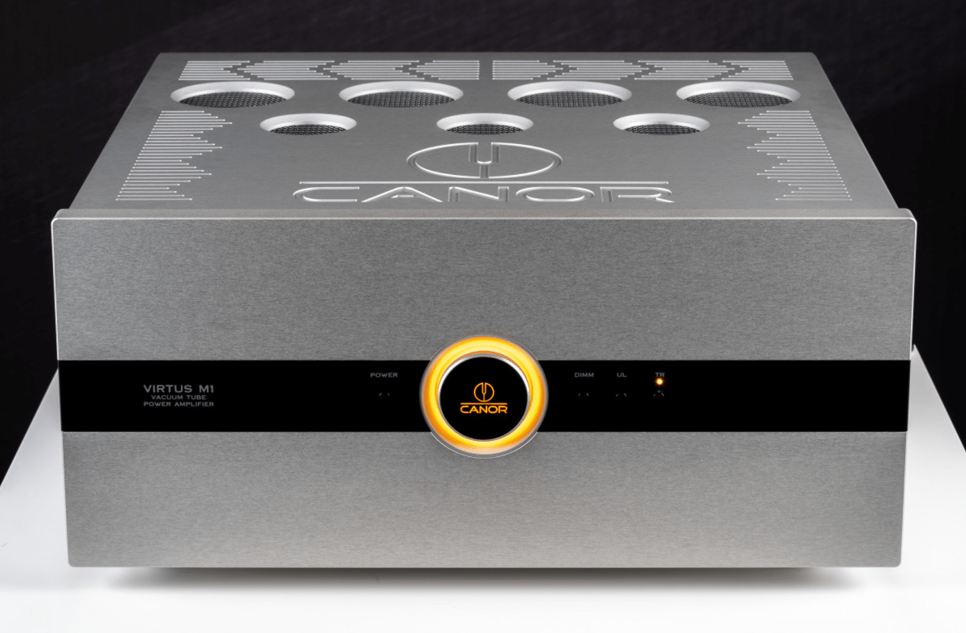 Canor Virtus M1 Vacuum Tube Power Amplifier in Silver. Front and top Image