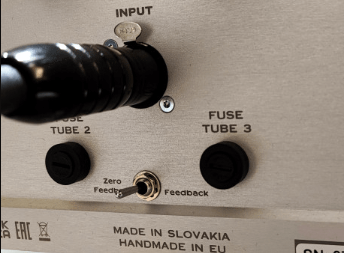 Canor Virtus M1 Vacuum Tube Power Amplifier.  Closeup of feedback switch
