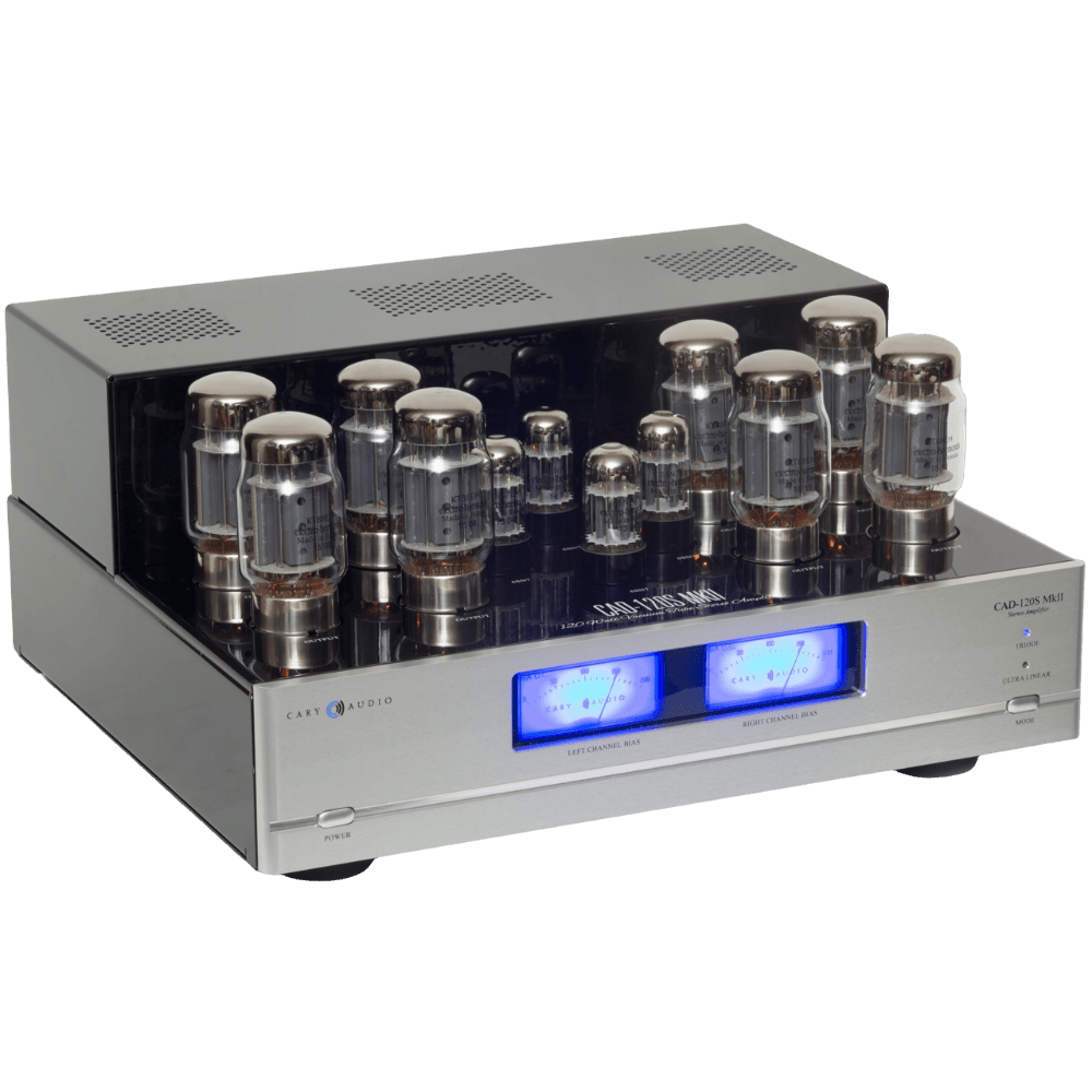 Cary Audio CAD-120S MKII Power Amplifer in silver, angled to the right