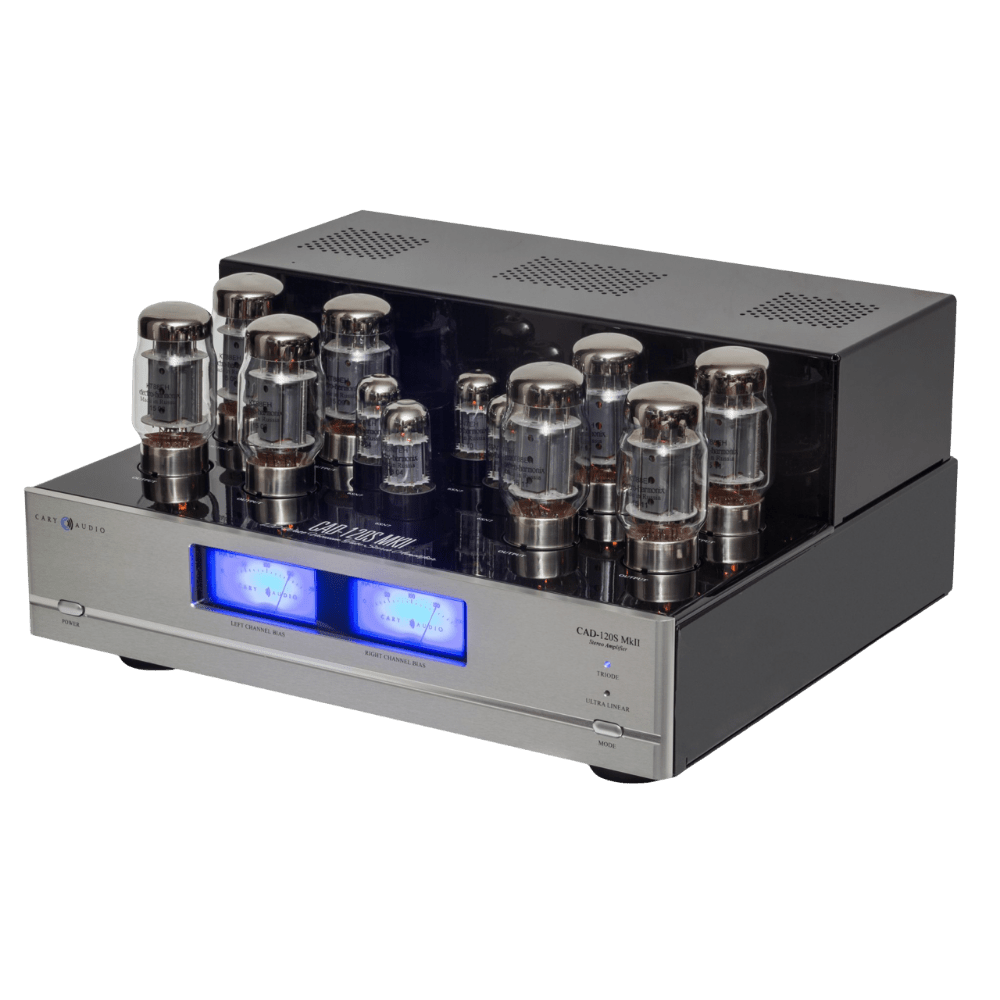 Cary Audio CAD-120S MKII Power Amplifer in silver, angled to the left