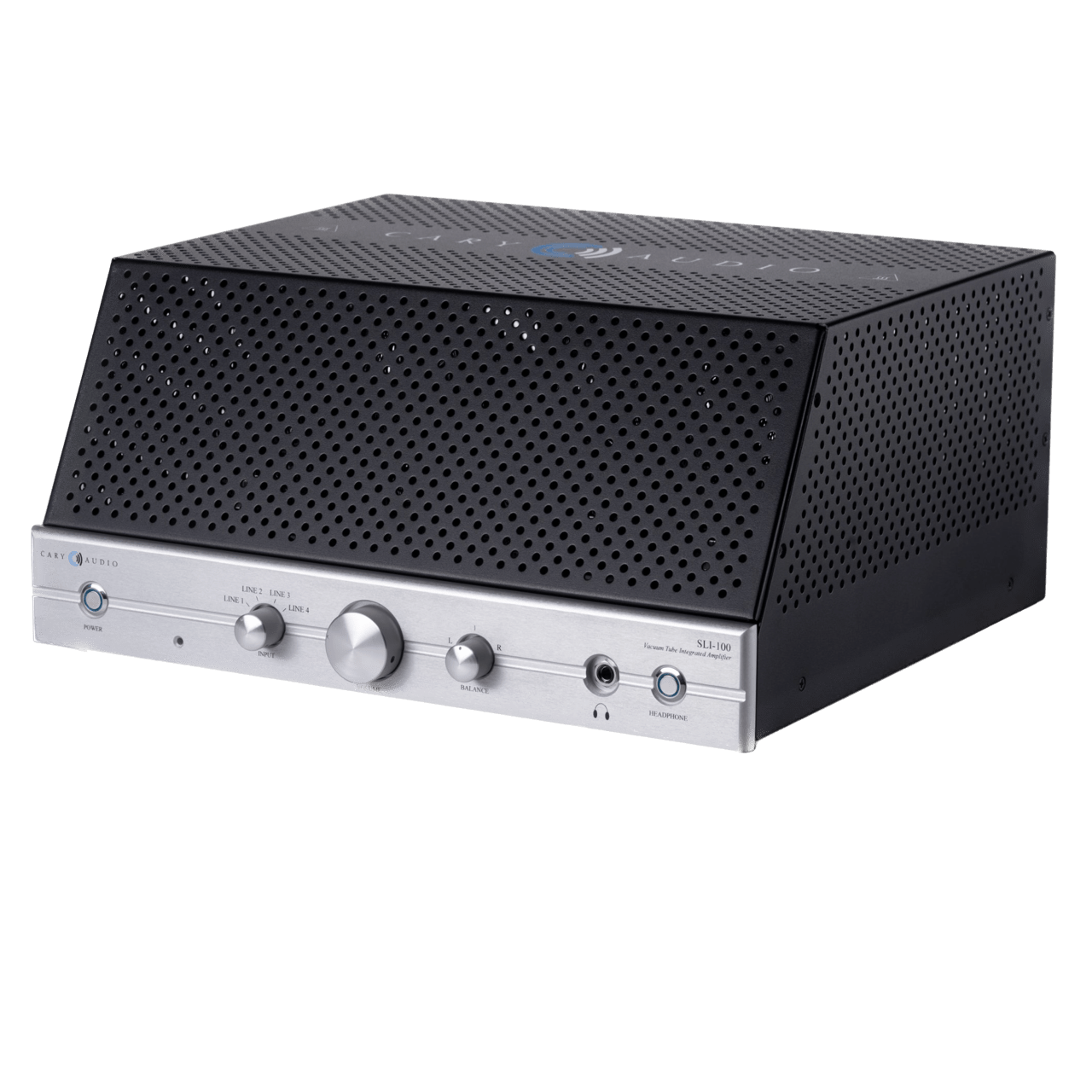 Cary Audio SLI-100 Integrated Amplifier in silver, angled
