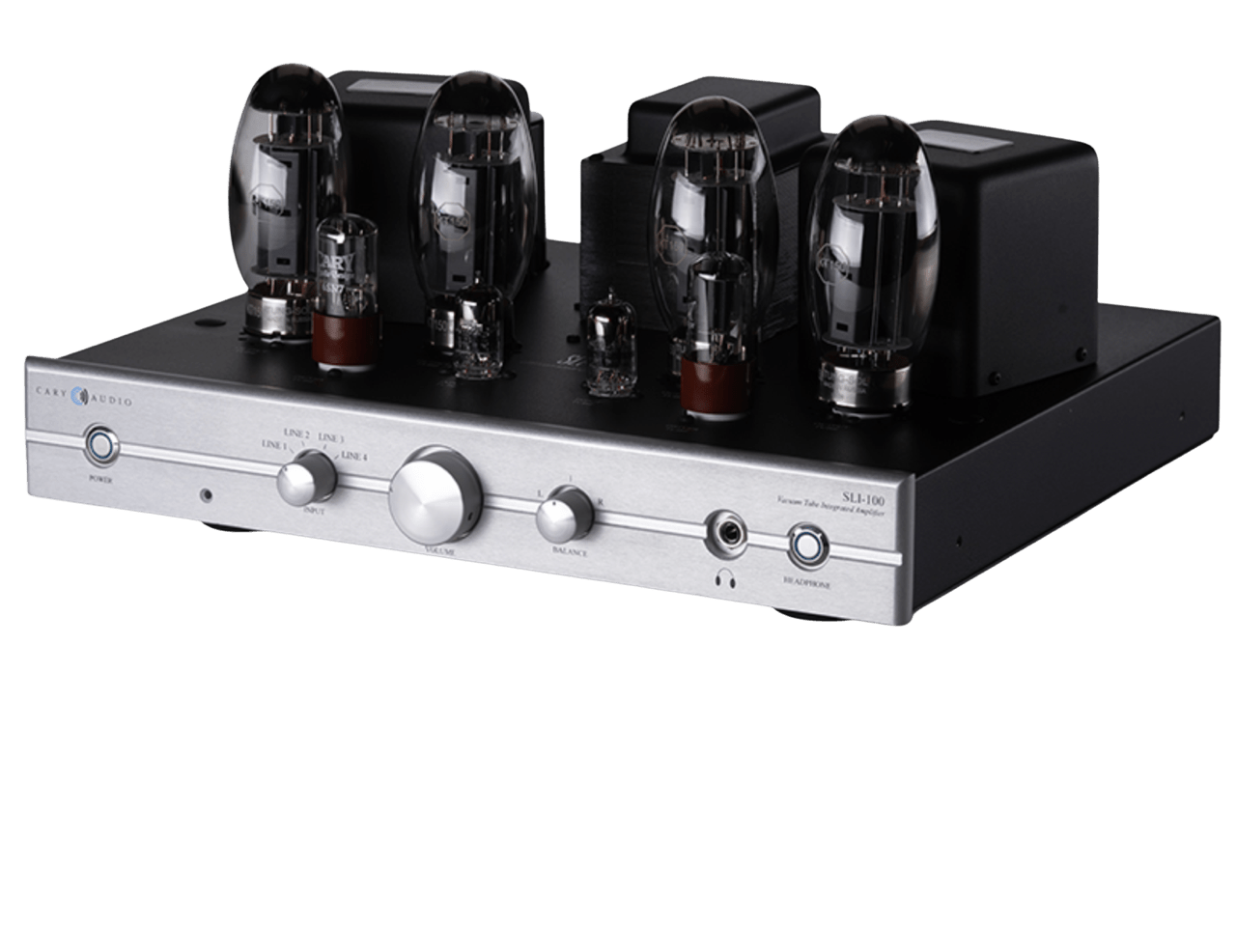 Cary Audio SLI-100 Integrated Amplifier in silver, angled