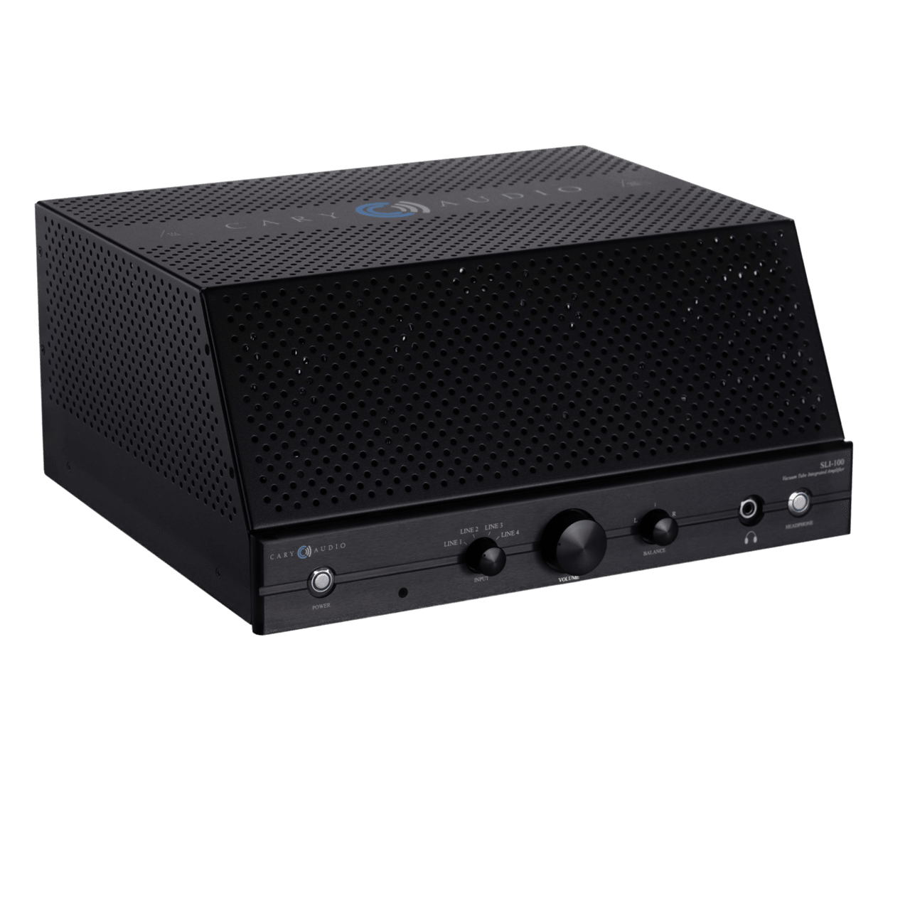 Cary Audio SLI-100 Integrated Amplifier in black, angled with cage
