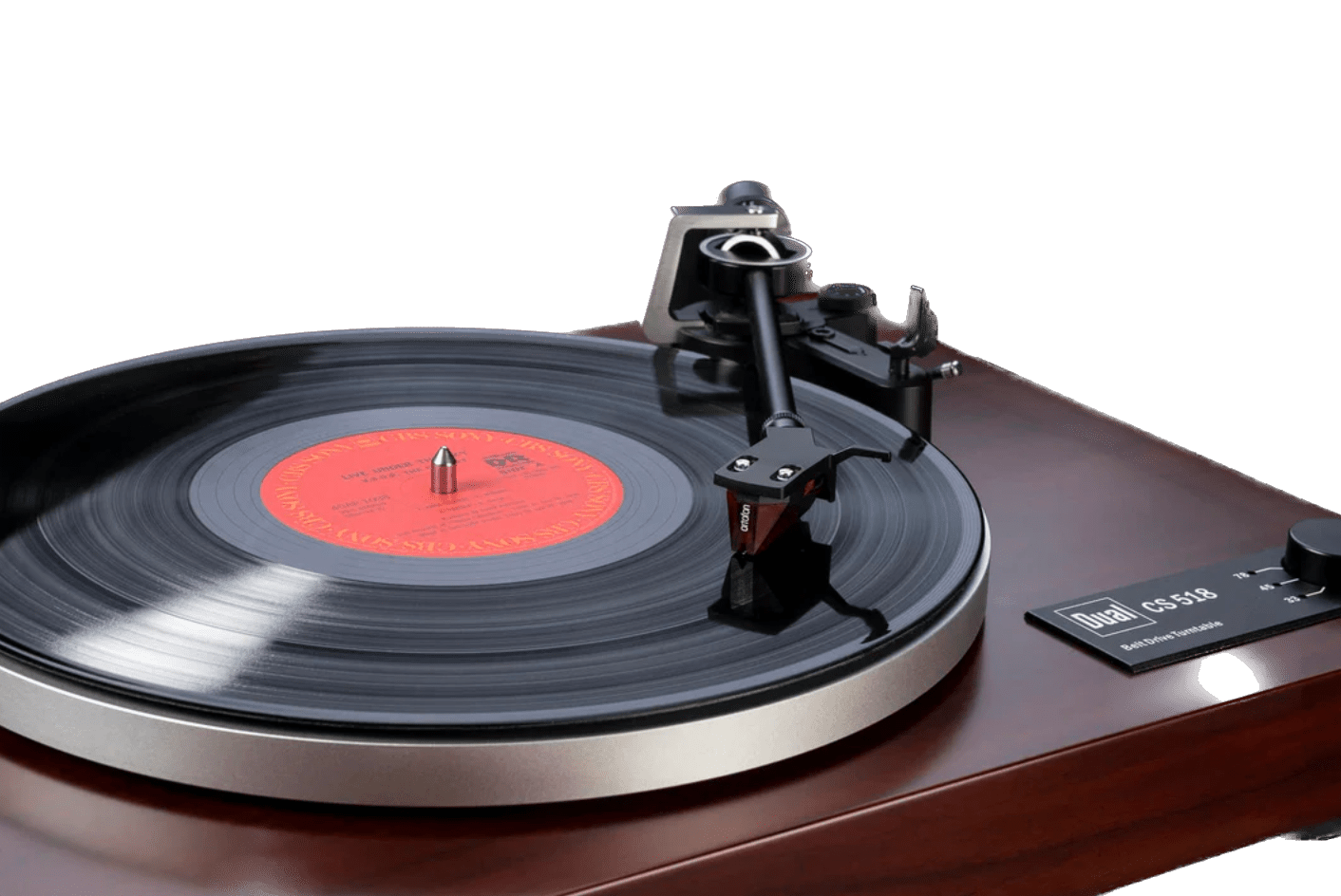 Dual CS-518 Manual Turntable in Walnut with record playing