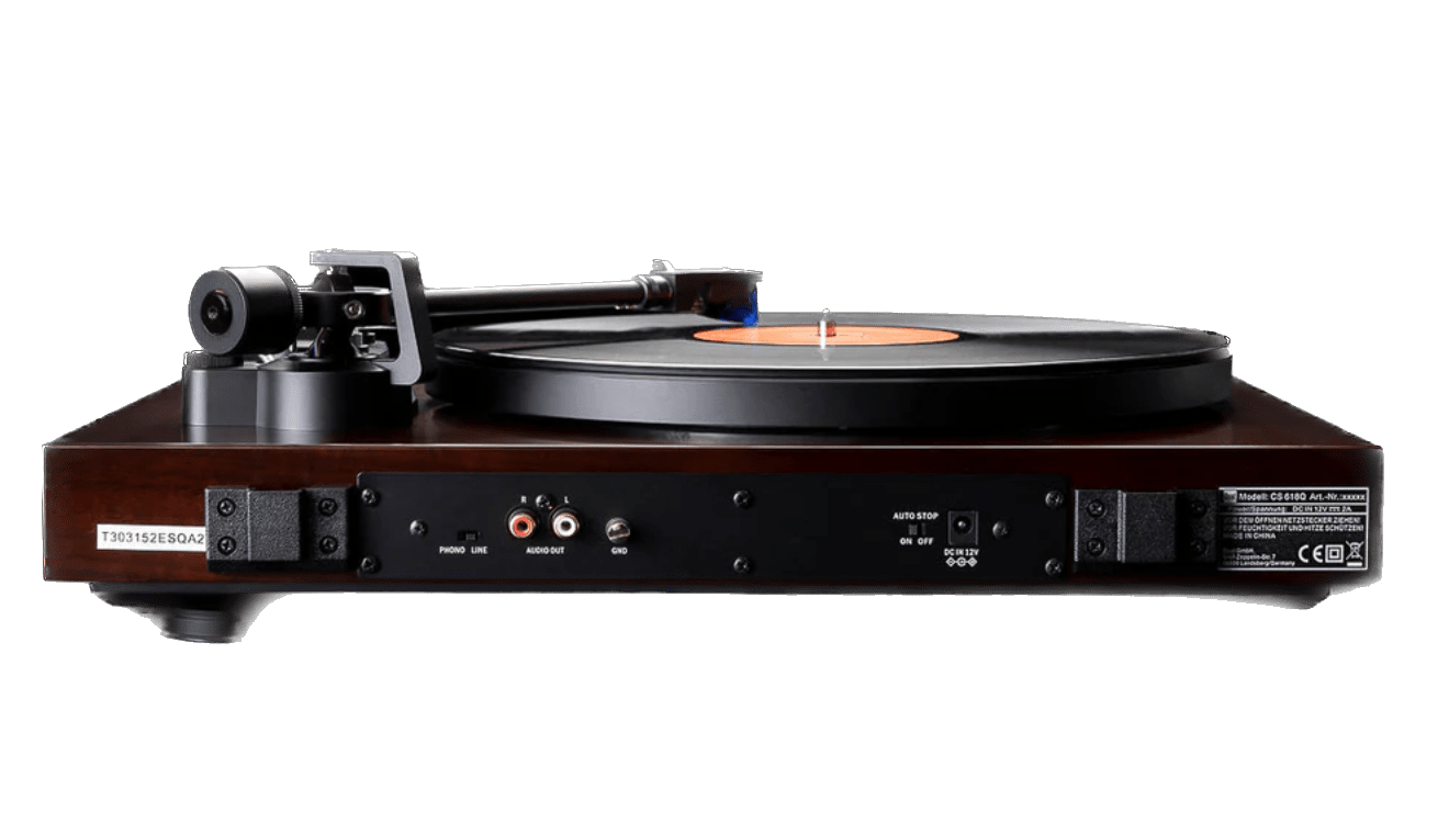 Dual CS-618Q Semi-Automatic Turntable in Walnut.  Back of turntable