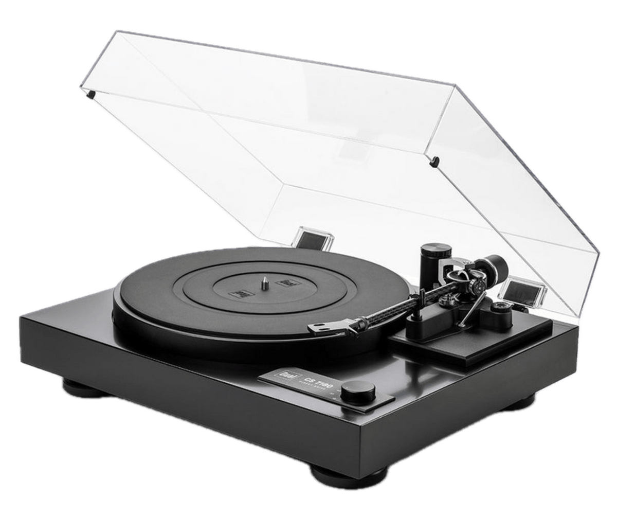 Dual CS-718Q Manual Turntable in Satin Black with dustcover open
