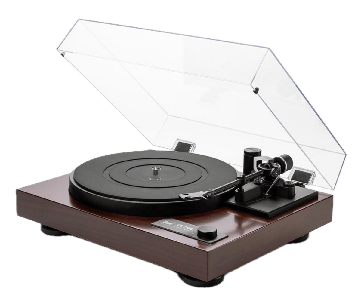 Dual CS-718Q Manual Turntable in Walnut with dustcover open and on an angle