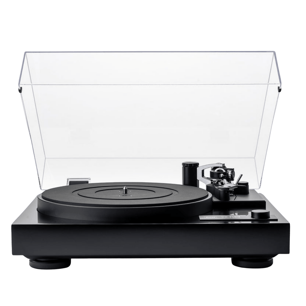 Dual CS-718Q Manual Turntable in Satin Black with dustcover open