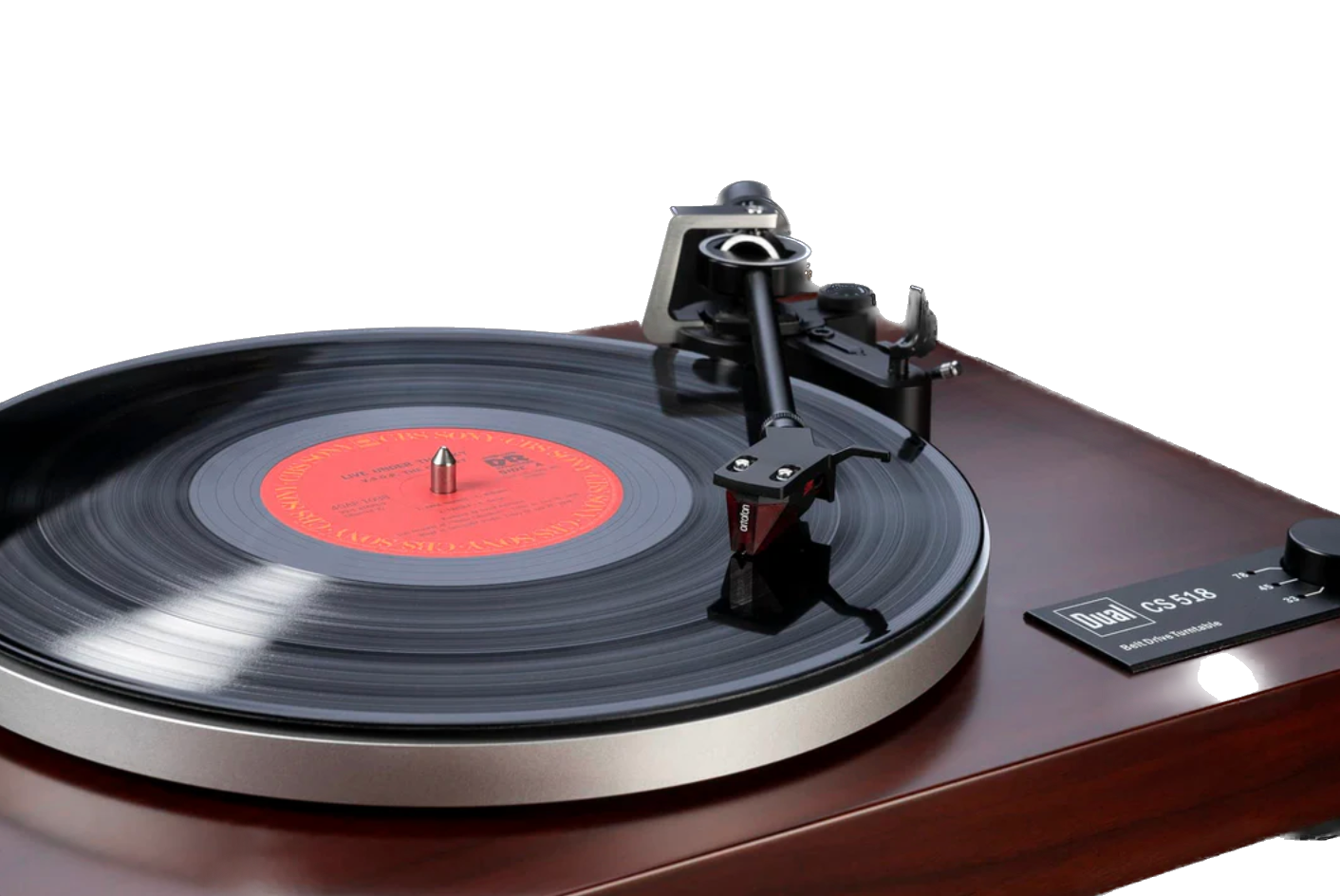 Dual CS-518 Manual Turntable in Walnut with record playing