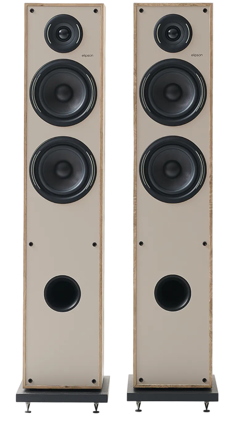 Elipson Horus 11F BT Active Floorstanding Speakers in Light Wood and Beige, front without grille