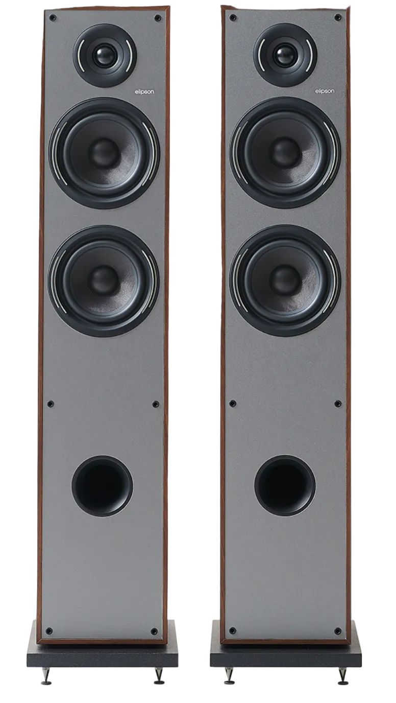 Elipson Horus 11F BT Active Floorstanding Speakers in Walnut, front without grilles
